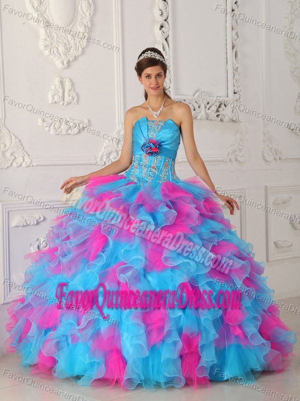 Strapless Blue and Fuchsia Appliqued Dress for Quince with Flowers and ...