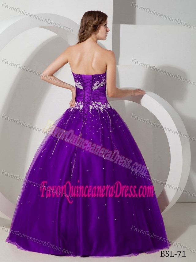 Popular Purple Tulle and Taffeta Long Sweet Sixteen Dress with Appliques