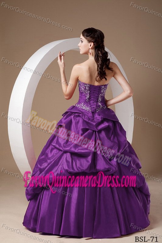 Perfect Appliqued Strapless Purple Taffeta Quince Dresses with Appliques