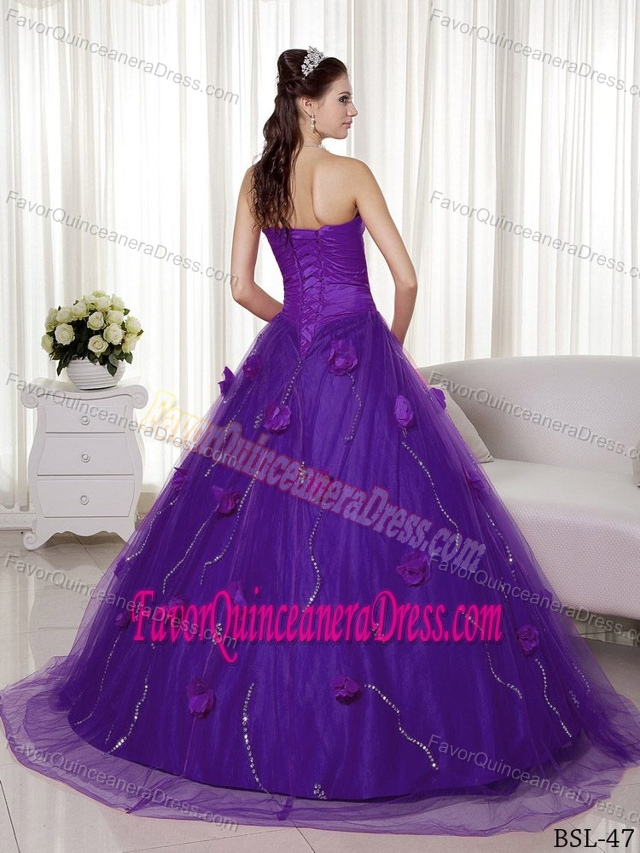 Hot Sale Purple Tulle and Taffeta Long Sweet Sixteen Dresses with Flowers