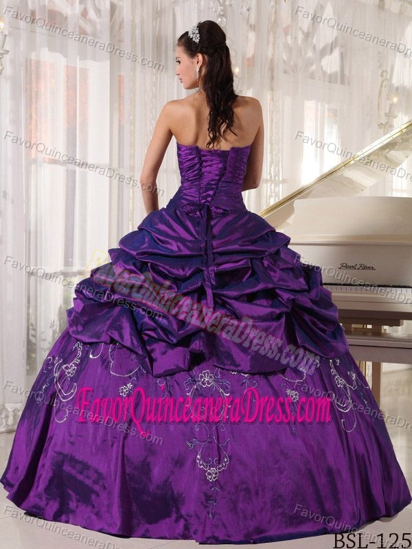 New Strapless Purple Taffeta Quinces Dress with Pick-ups and Embroidery