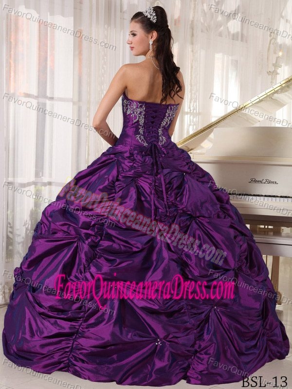 Perfect Purple Taffeta Long Quince Dresses with Pick-ups and Embroidery