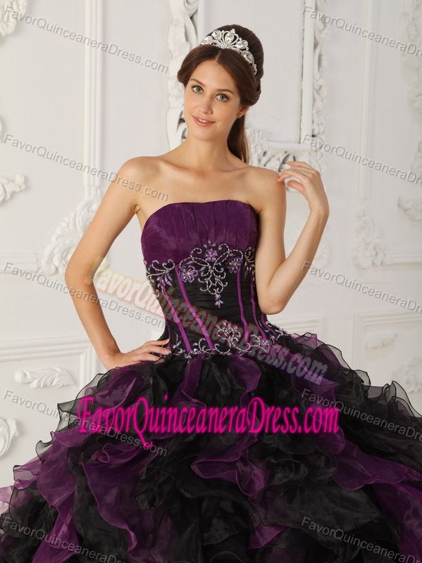 Popular Black and Purple Strapless Sweet 16 Dress with Ruffles in Organza