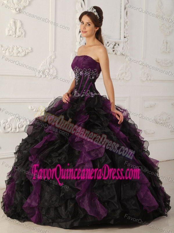 Popular Black and Purple Strapless Sweet 16 Dress with Ruffles in Organza