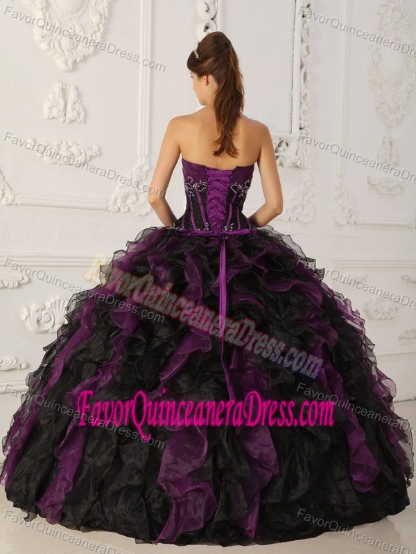 Popular Black and Purple Strapless Sweet 16 Dress with Ruffles in Organza