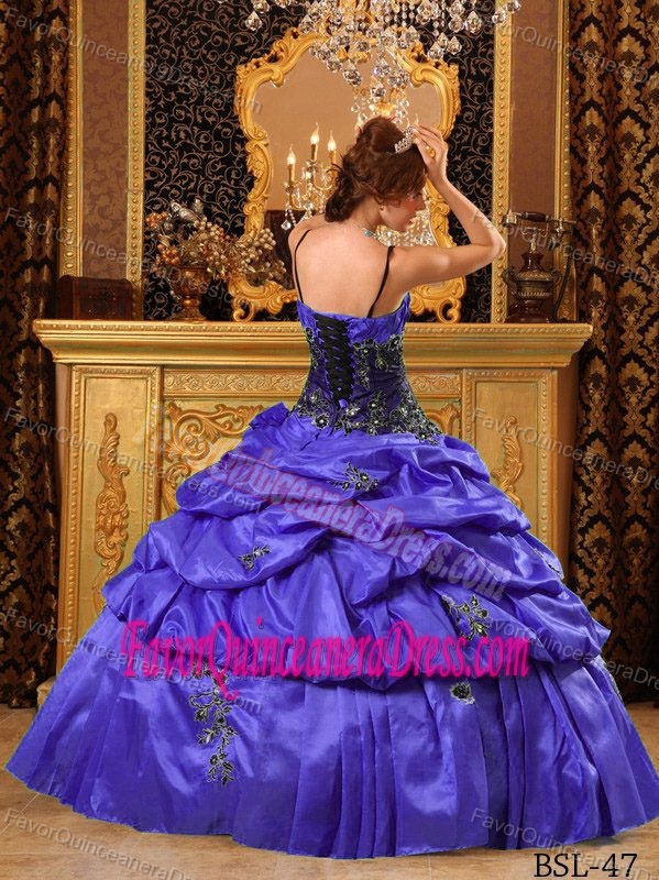 Floor-length Taffeta Appliques Purple Ball Gown Dress for Quinceanera with Straps