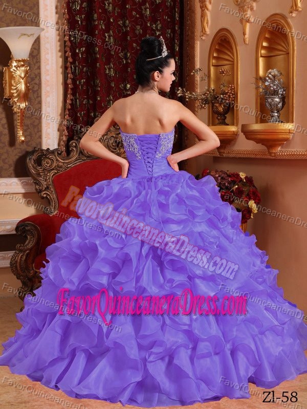 Beaded and Appliqued Purple Ball Gown Strapless Quinceanera Gown in Organza