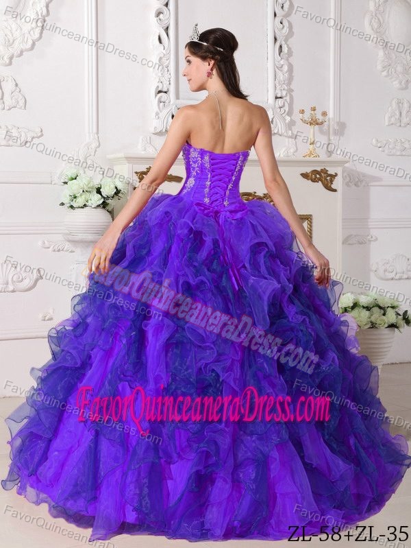 Satin and Organza Sweetheart Floor-length Embroidery Quince Dresses in Purple