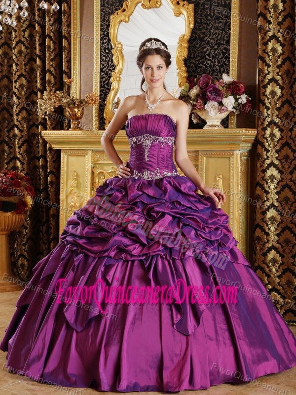 Purple Ball Gown Strapless Floor-length Taffeta Quinceaneras Dress with Pick-ups