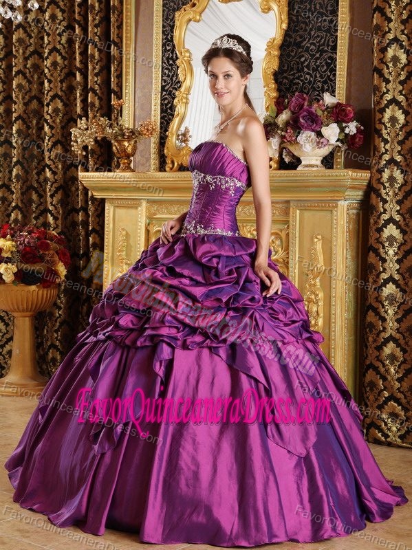 Purple Ball Gown Strapless Floor-length Taffeta Quinceaneras Dress with Pick-ups