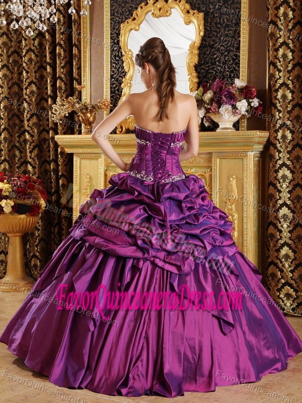 Purple Ball Gown Strapless Floor-length Taffeta Quinceaneras Dress with Pick-ups