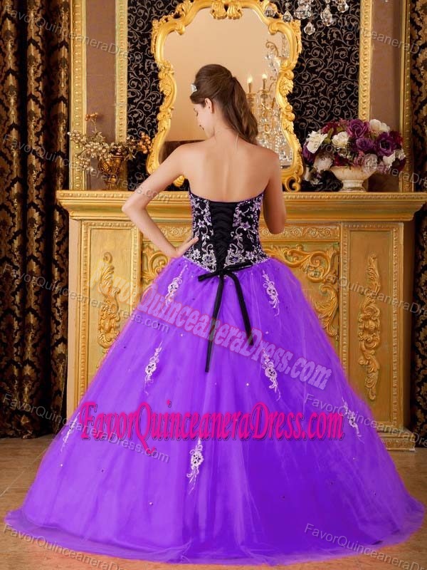 A-line Floor-length Tulle Beaded Purple Dress for Quinceaneras with Sweetheart