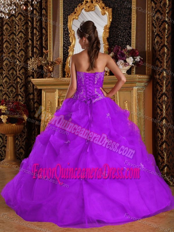 Purple Ball Gown Strapless Floor-length Tulle Quinces Dresses with Pick-ups