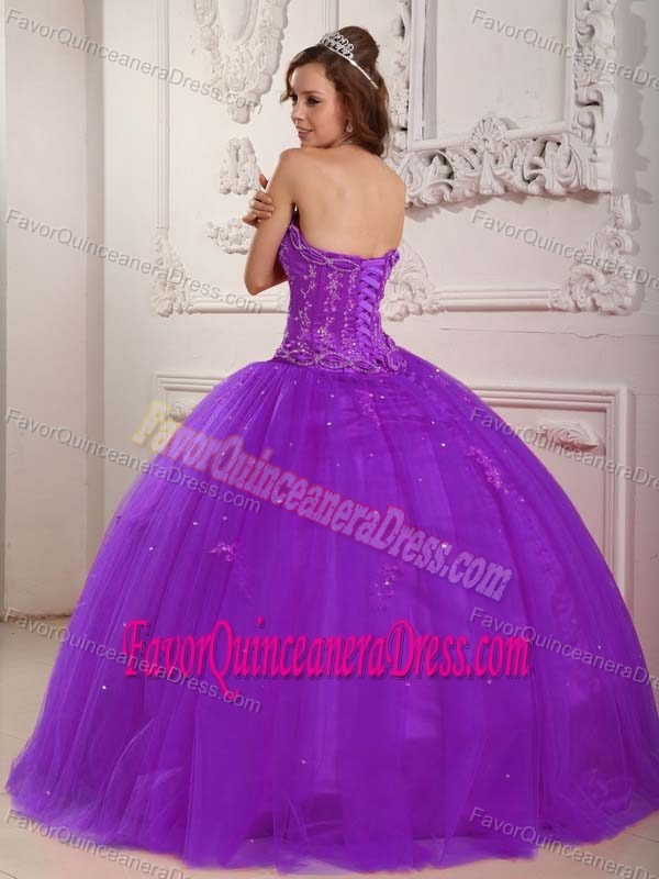 Elegant Strapless Floor-length Tulle Beaded Dress for Quinceaneras in Purple