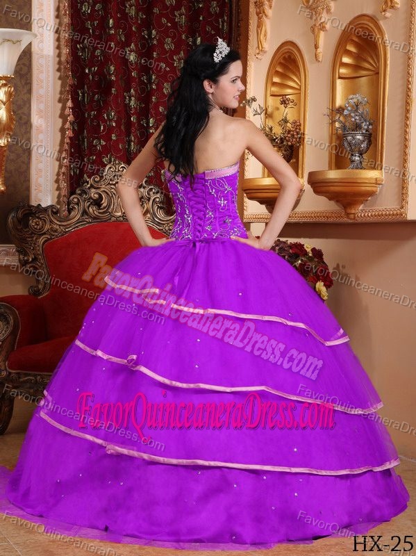 Beaded Sweetheart Purple Floor-length for Quinces Dresses in Satin and Tulle