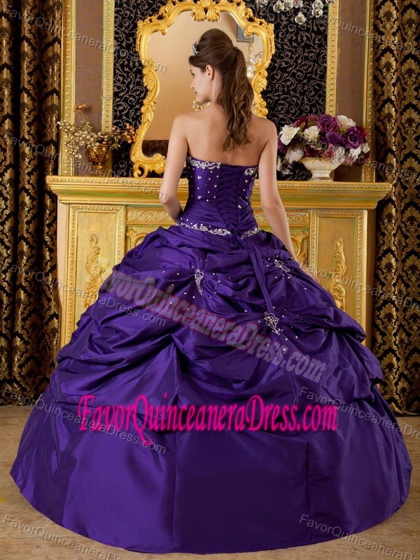 Floor-length Taffeta Appliqued Strapless Quinceanera Gown Dresses in Purple