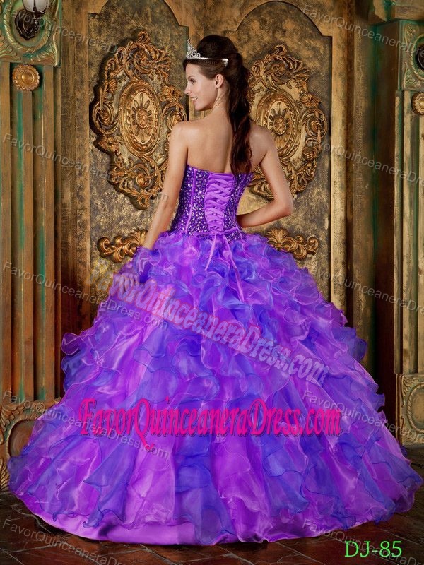 Appliqued Purple and Sweetheart Quinceanera Gowns in Satin and Organza