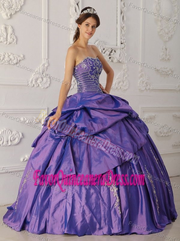 Strapless Taffeta Embroidery and Beaded Ball Gown Quince Dresses in Purple