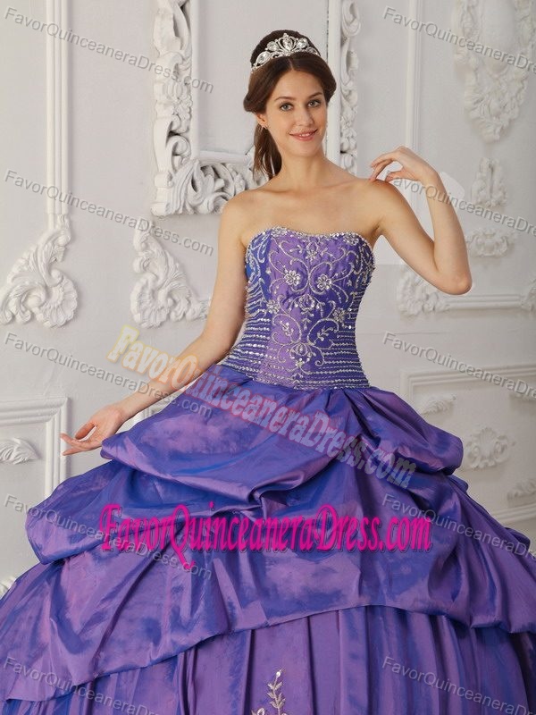 Strapless Taffeta Embroidery and Beaded Ball Gown Quince Dresses in Purple