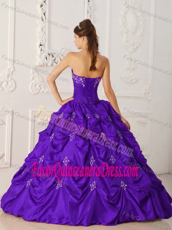 Appliqued and Beaded Eggplant Purple Strapless Quinceanera Dress in Taffeta