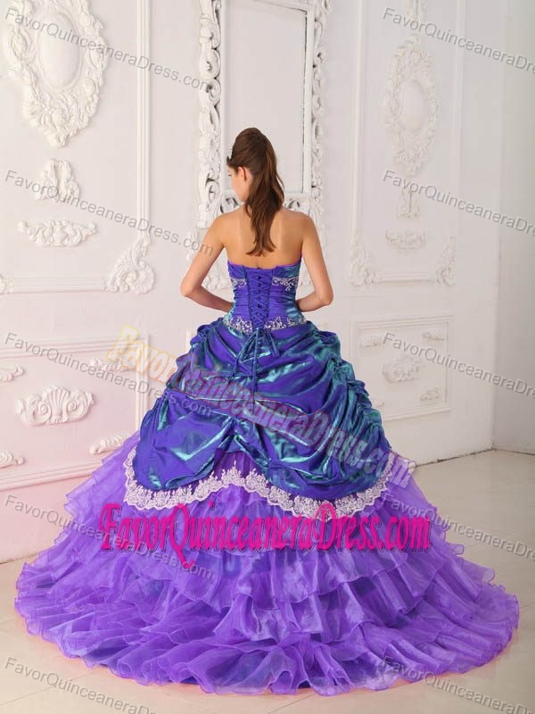 Organza and Taffeta Lace and Appliqued Strapless Quince Dresses in Purple