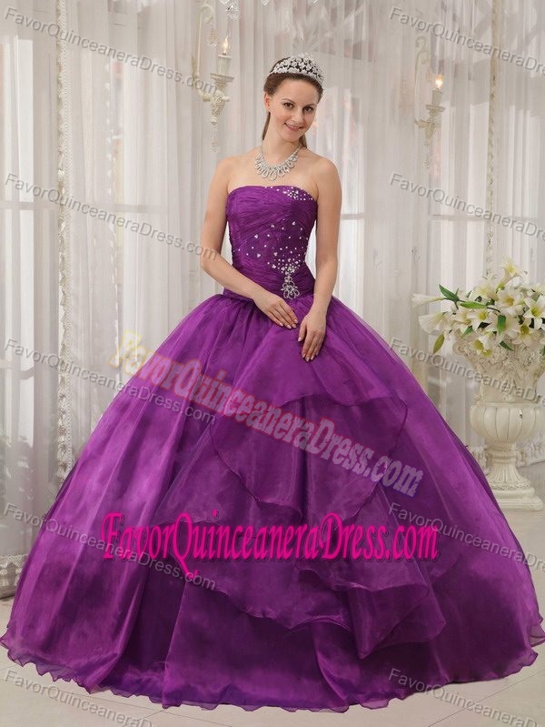 Ball Gown Strapless Floor-length Organza Beaded Quince Dresses in Purple