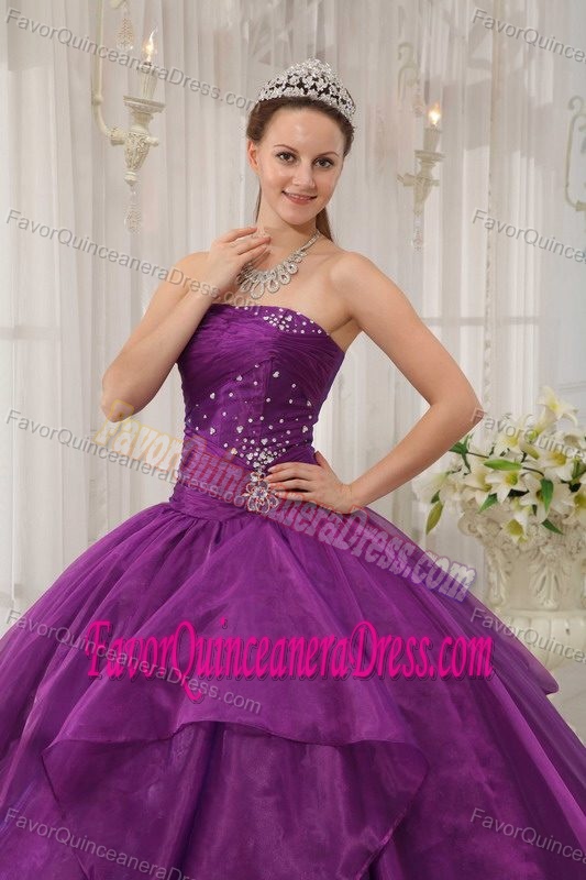 Ball Gown Strapless Floor-length Organza Beaded Quince Dresses in Purple