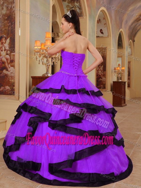 Strapless Floor-length Organza Appliqued Dress for Quinceanera in Purple