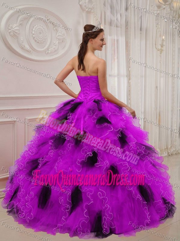 Organza Hot Pink and Black Sweetheart Quince Dresses with Ruffles