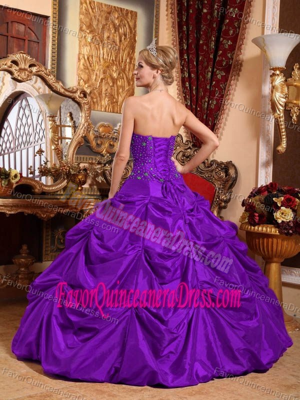 Purple Strapless Floor-length Taffeta Quince Dresses with Pick-ups