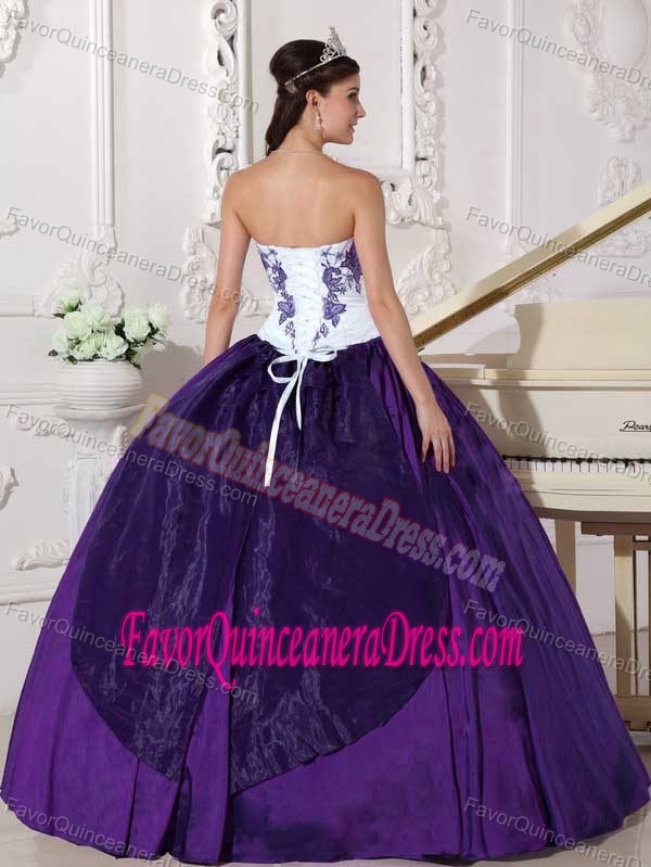 White and Purple Taffeta Sweetheart Quince Dress with Embroidery