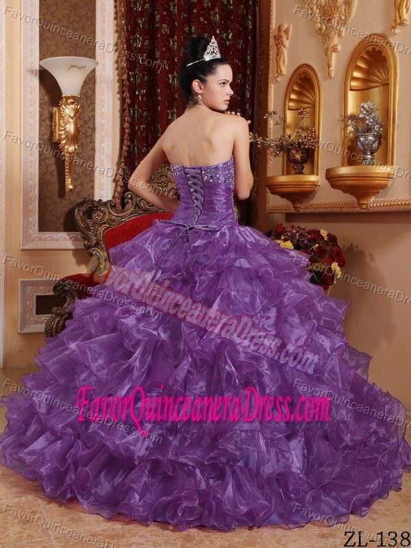 Ruffled Strapless Floor-length Organza Quinceanera Gown in Purple