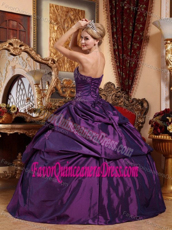 Dark Purple Strapless Taffeta Dress for Quinceanera with Pick-ups