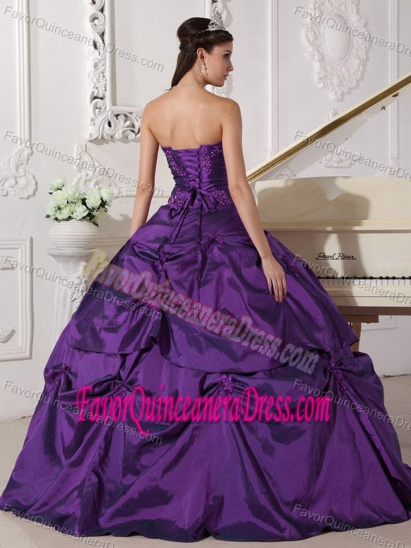 Purple Sweetheart Floor-length Taffeta Quince Dress with Pick-ups