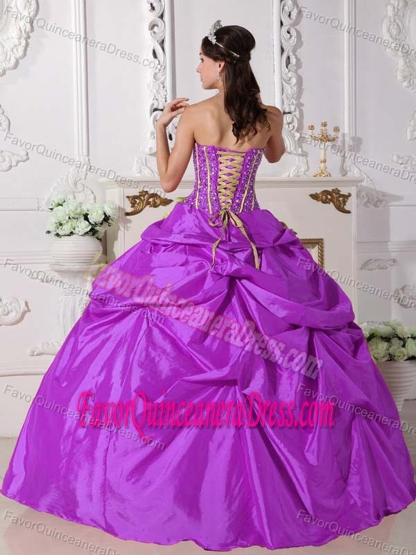 Purple Strapless Floor-length Taffeta Quince Dresses with Pick-ups