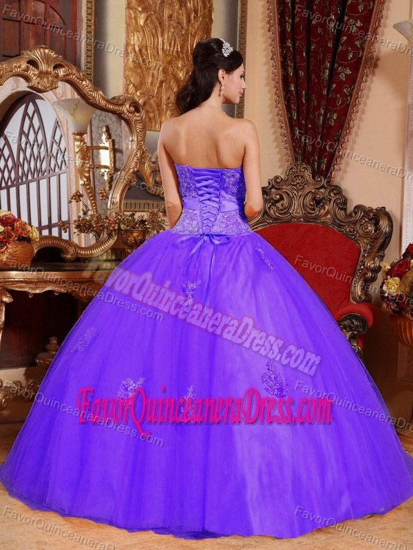 Purple Sweetheart Floor-length Tulle Quince Dress with Appliques