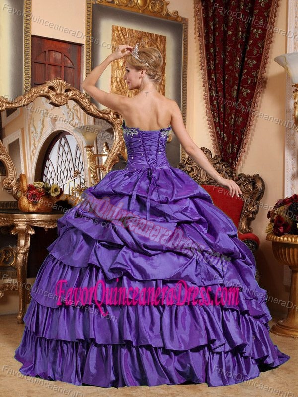 Purple Strapless Floor-length Taffeta Quince Dresses with Pick-ups