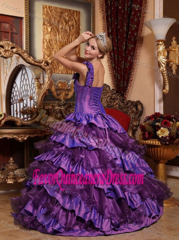 Unique Purple One Shoulder Quince Dresses in Taffeta and Organza