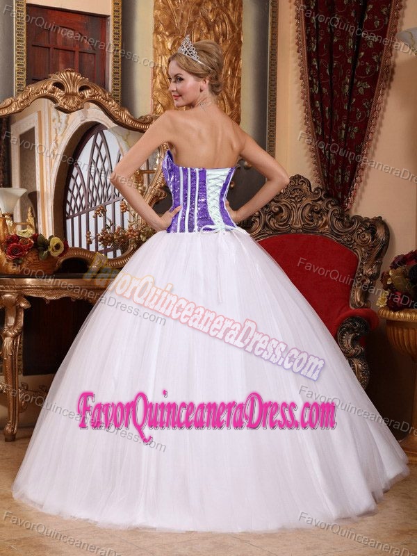 Sequined Strapless Floor-length Tulle Quinceanera Dresses in White