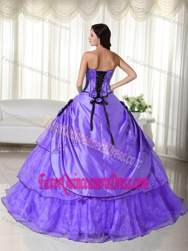 Appliqued Purple Strapless Floor-length Quince Dresses in Organza