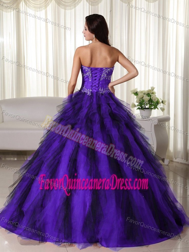 Appliqued Purple Strapless Floor-length Dress for Quince in Taffeta