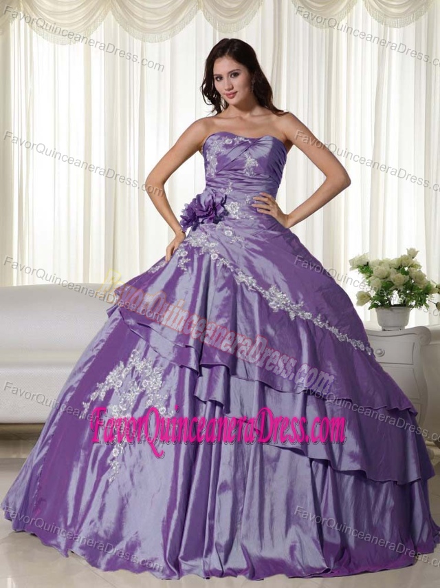 Strapless Floor-length Taffeta Purple Quince Dresses with Appliques