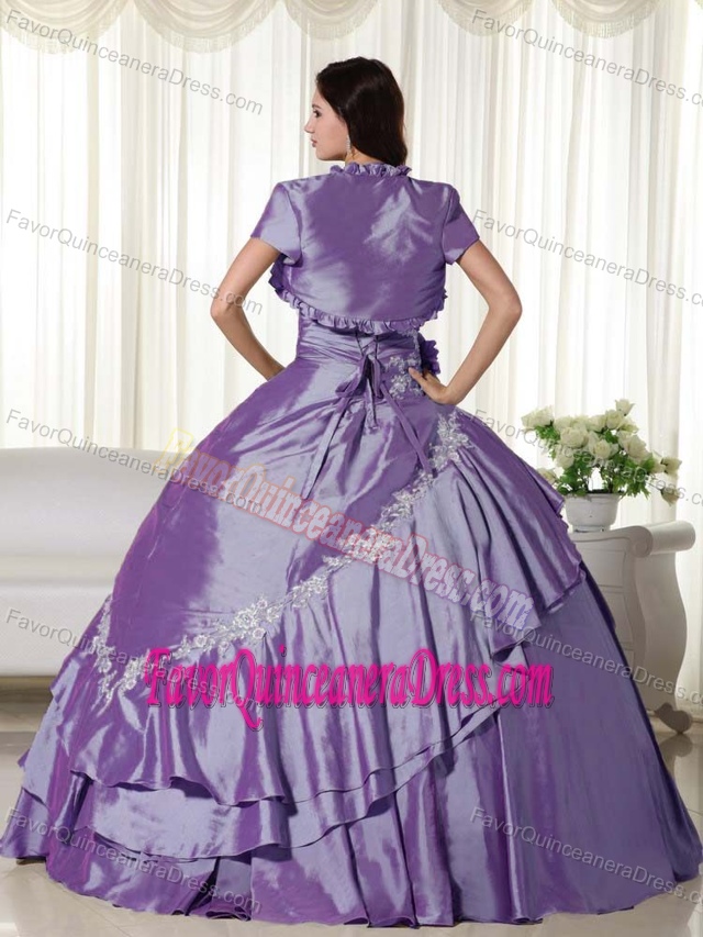 Strapless Floor-length Taffeta Purple Quince Dresses with Appliques