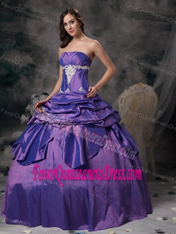 Lavender Strapless Floor-length Taffeta Quince Dress with Pick-ups