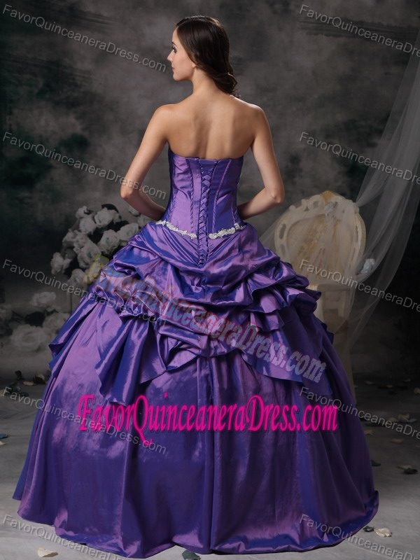 Lavender Strapless Floor-length Taffeta Quince Dress with Pick-ups