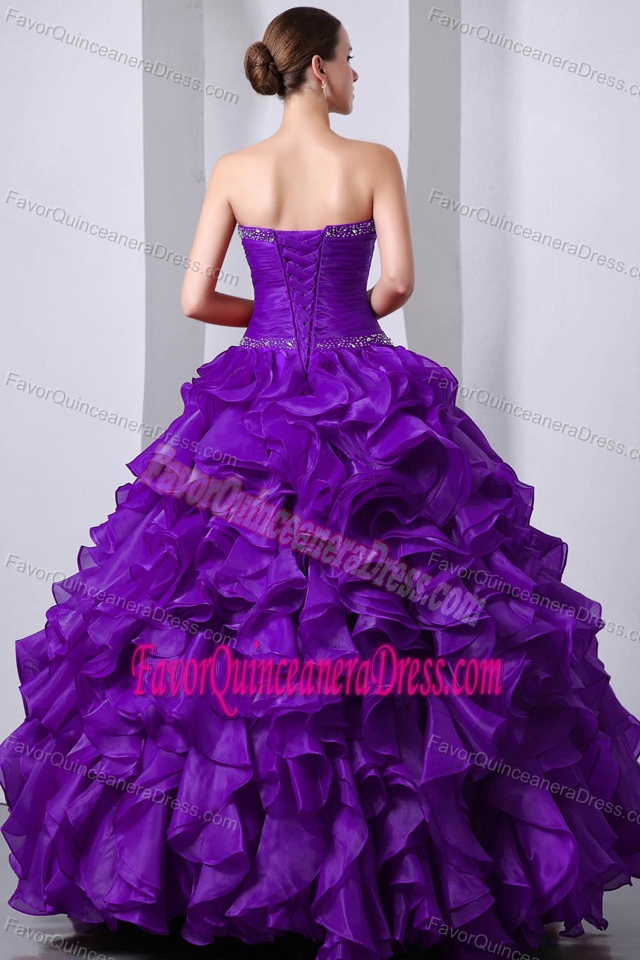 Ruffled Eggplant Purple Sweetheart Quinceanera Gowns in Organza