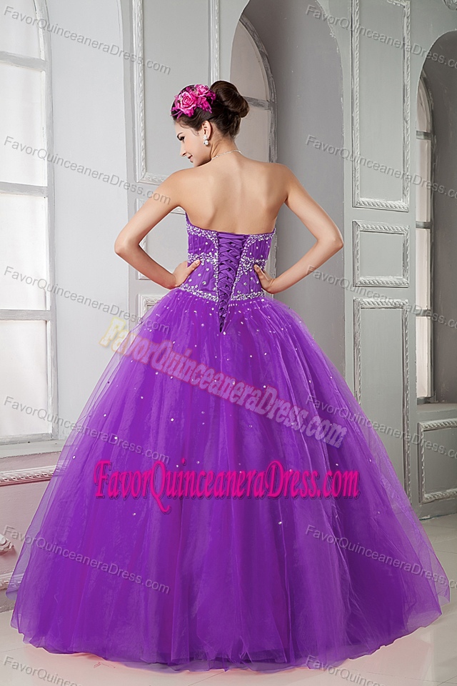 Beaded Sweetheart Floor-length Purple Quinceanera Gowns in Tulle