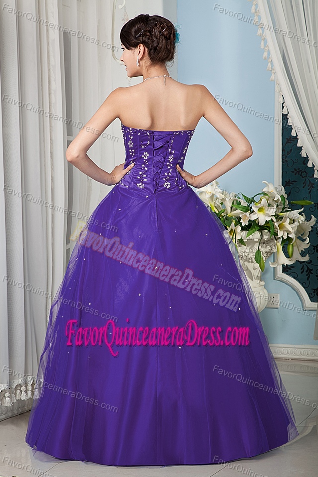 Purple Strapless Floor-length Tulle Dress for Quince with Beading