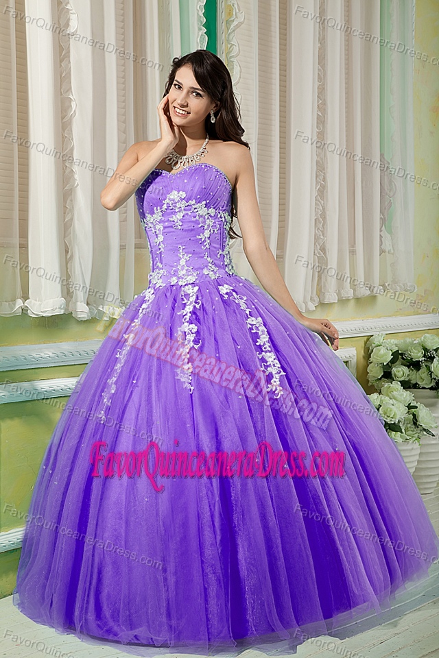 Purple Sweetheart Floor-length Tulle Quince Dresses with Appliques