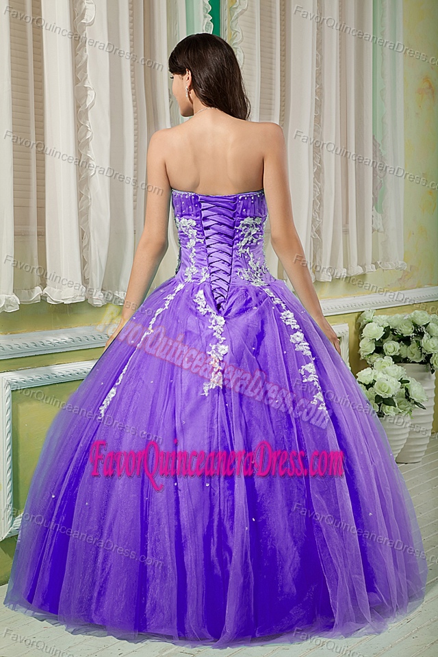 Purple Sweetheart Floor-length Tulle Quince Dresses with Appliques